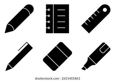 Writing and Stationery Supplies Icon Set, such as pencil, notebook, ruler, pen, eraser, and highlighter