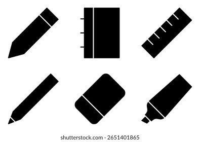 Writing and Stationery Supplies Icon Set, such as pencil, notebook, ruler, pen, eraser, and highlighter