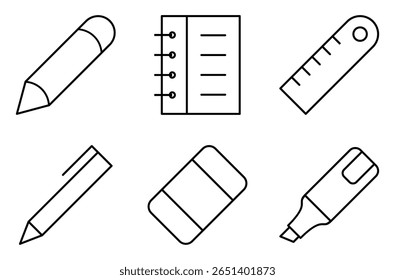 Conjunto de Ícones de Suprimentos para Escrita e Papel de Carta, como lápis, bloco de anotações, régua, caneta, borracha e marca-texto