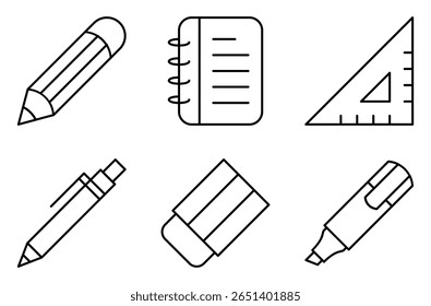 Conjunto de Ícones de Suprimentos para Escrita e Papel de Carta, como lápis, bloco de anotações, régua, caneta, borracha e marca-texto