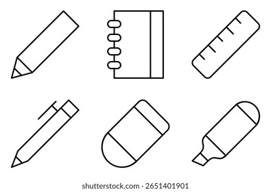 Conjunto de Ícones de Suprimentos para Escrita e Papel de Carta, como lápis, bloco de anotações, régua, caneta, borracha e marca-texto