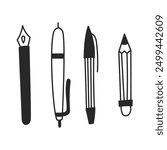 Writing supplies Doodle Set. Hand drawn pen pencil collection for handwriting. Stationery for school education writer. Isolated vector illustration