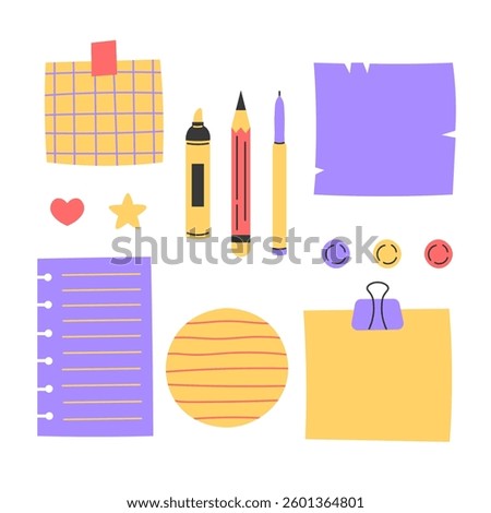 Writing Supplies And Paper Sheets Collection. Set of colorful stickers sticky note memo with tape and pushpin felt tip pen pencil for messages. Flat vector illustration