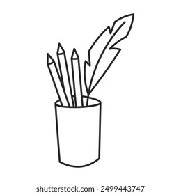 Writing Supplies in Stand Doodle Icon. Hand drawn outline pencils pens and Feather standing in glass. Stationery for Writer. Vector Illustration