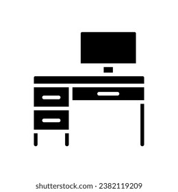 Writing table black glyph icon. Home office. Desk with computer. Modern contemporary home furniture store. Workstation. Silhouette symbol on white space. Solid pictogram. Vector isolated illustration