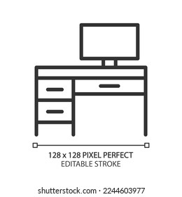Writing table pixel perfect linear icon. Home office. Desk with computer. Modern contemporary home furniture store. Thin line illustration. Contour symbol. Vector outline drawing. Editable stroke