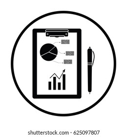 Writing tablet with analytics chart and pen icon. Thin circle design. Vector illustration.