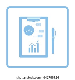 Writing tablet with analytics chart and pen icon. Blue frame design. Vector illustration.