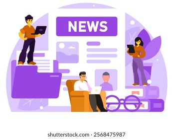 Writing team creates news. Writer standing with laptop. Female writer with tablet. Freelancer sitting in a chair and working at a laptop. News page concept. Newspaper with news. Vector graphics