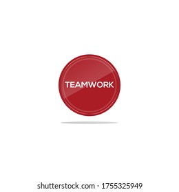 Writing teamwork in a red circle. There is a circular glass in front of the teamwork article.