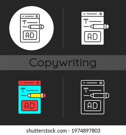 Writing text ads dark theme icon. Copywriting services for e commerce. Engaging content for online marketing. SEO work. Linear white, simple glyph and RGB color styles. Isolated vector illustrations