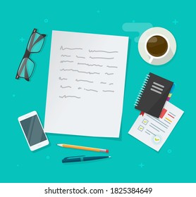 Writing text content vector on education working desk table above, creating essay document, journalism research workplace flat lay illustration, author or editor desktop with glasses, pen, coffee cup