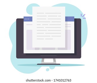 Escribir contenido de documentos de texto vectorial en línea en computadora de escritorio o crear ensayo o libro en ilustración de dibujos animados planos pc, escritura de copias o concepto de edición de archivos de texto web, leer idea de artículo de blog