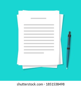 Writing text letter story content icon on paper file document pile of sheets via pen vector flat cartoon, idea of author narrative book composition or essay creation, note message heap pages docs