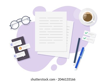 Writing text on paper flat lay vector on table desk or creating letter essay on author working desktop top view cartoon illustration, copywriter sheets office above concept, education idea