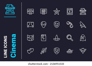 Writing and theater production icons set vector illustration. Drama, stage performance line icon. Art, cinema, entertainment concept