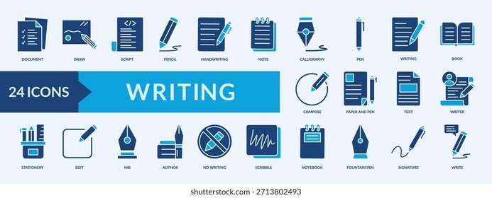 Escritura delgada conjunto de iconos que contiene el cuaderno, pluma estilográfica, firma, escritura