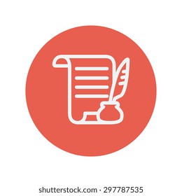Icono de escritura de línea delgada para diseño plano minimalista web y móvil. Icono blanco vector dentro del círculo rojo.