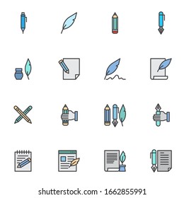 Writing tool filled outline icons set, line vector symbol collection, linear colorful pictogram pack. Signs, logo illustration, Set includes icons as document edit, paper, pencil, feather pen, ink pen