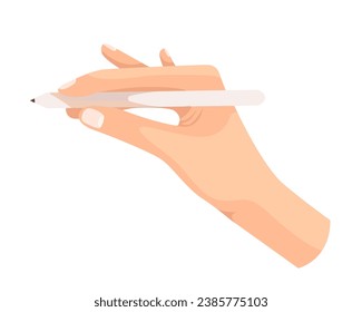 Writing tool in hand. Hand holding pen, pencil, marker and highlighter. Pen, pencil, stylus, felt-tip pen in arm
