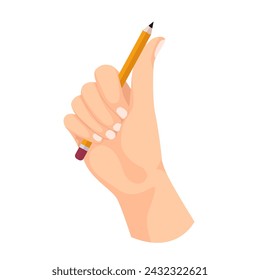 Writing tool in hand. Hand holding pen, pencil, marker and highlighter. Pen, pencil, stylus, felt-tip pen in arm