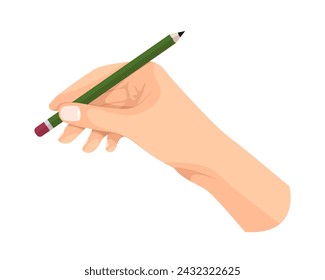 Writing tool in hand. Hand holding pen, pencil, marker and highlighter. Pen, pencil, stylus, felt-tip pen in arm