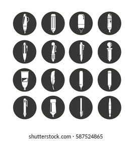writing tool icon set in circle button