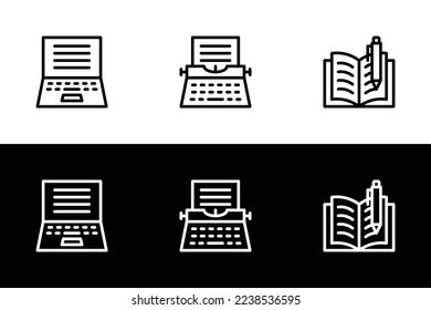 Writing tool icon set. Flat design icon collection isolated on black and white background. Writing on laptop, typewritter, and book.