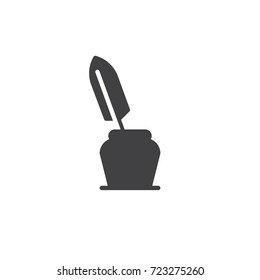 Writing tool icon vector, filled flat sign, solid pictogram isolated on white. Feather pen in inkwell symbol, logo illustration.