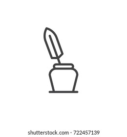 Writing tool line icon, outline vector sign, linear style pictogram isolated on white. Feather pen in inkwell symbol, logo illustration. Editable stroke