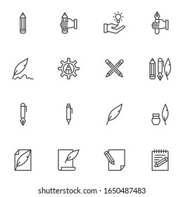 Writing tool line icons set. linear style symbols collection, Copywriting outline signs pack. vector graphics. Set includes icons as feather pen, pencil, ink pen, edit document, memo notes, notepad