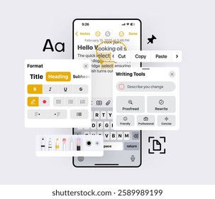 Writing Tools with Artificial Intelligence on Phone. Mobile Text Editing Interface with Writing Tools and Formatting Options.  Editor ui on smartphone with Formatting and AI Writing Tools
