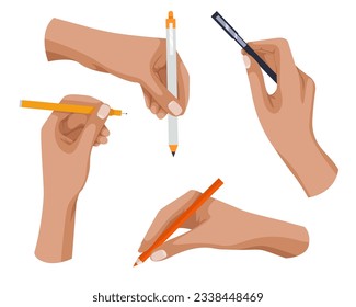 Writing tools in hand. Pen, pencil, stylus, felt-tip pen in arms. Hand hold pen in different gestures. Colored flat vector illustration isolated on white background