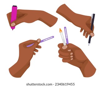 Writing tools in hand. Pen, pencil, stylus, felt-tip pen in arms. Hand hold pen in different gestures. Colored flat vector illustration isolated on white background