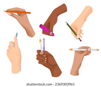 Writing tools in hand. Pen, pencil, stylus, felt-tip pen in arms. Hand hold pen in different gestures. Colored flat vector illustration isolated on white background