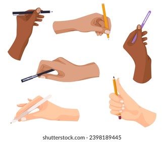 Escribiendo herramientas en mano. Lápiz, lápiz, lápiz, lápiz de punta de fieltro en los brazos. Mano sujete la pluma en diferentes gestos. Ilustración vectorial plana coloreada aislada en fondo blanco