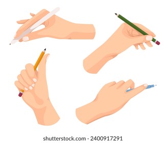 Writing tools in hand. Pen, pencil, stylus, felt-tip pen in arms. Hand hold pen in different gestures. Colored flat vector illustration isolated on white background