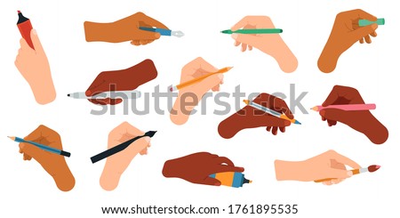 Writing tools in hand. Pen, pencil, stylus, felt-tip pen in arms, writing and drawing tools vector illustration icons set. Pencil and pen, ballpoint and marker in hands