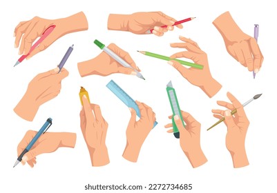 Writing tools in hand set. Character with colorful pencils, markers and pens. Students arm with ruler, brush and stationery knife. Cartoon flat vector illustrations isolated on white background