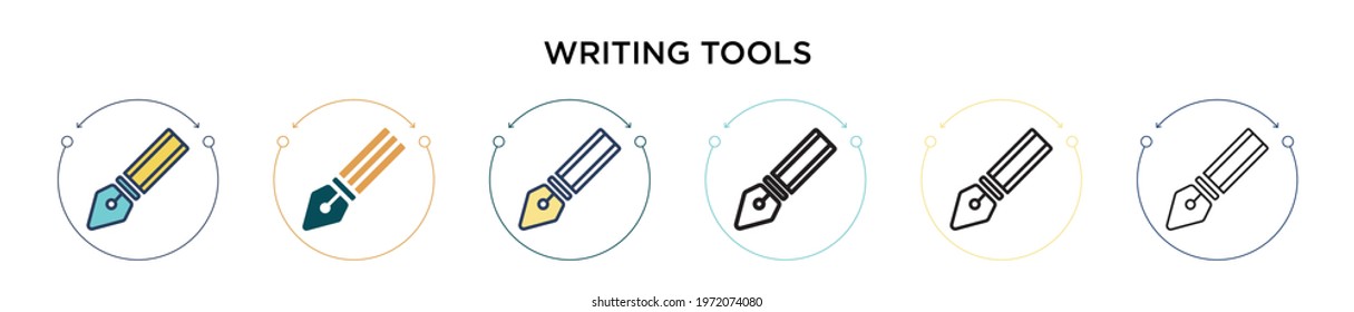 Writing tools icon in filled, thin line, outline and stroke style. Vector illustration of two colored and black writing tools vector icons designs can be used for mobile, ui, web