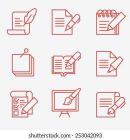 Writing tools icons, thin line style, flat design