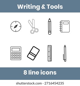 Writing and tools line icon set with pencil, pen, ruler, eraser, calculator, scissors and compass. Minimal outline vector design for education, office, apps, UI and websites.