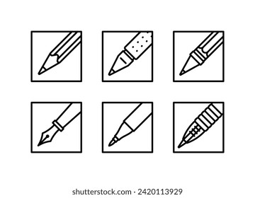 Writing tools, line icons. Pencil, gel pen, ballpoint, feather pen, felt-tip, rollerball pen. Different supplies for writing, marking and drawing. Stationery concept. Minimalist icons, vector illustra