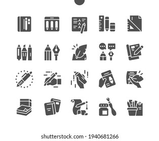 Writing tools. Notebooks. Stationery, pencil, pen, marker, case, instrument, calligraphy, education and school. Vector Solid Icons. Simple Pictogram