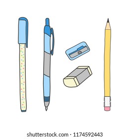 Writing tools. Pencil, pens, eraser and sharpener. Cute hand drawn illustration vector. White background.