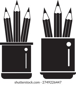 Writing tools silhouette, colored pencils in cup, education, creativity, office supplies