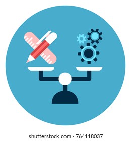 Writing Tools Vs Cog Wheels On Balance Scales Icon Web Button Isolated On Blue Round Background Flat Vector Illustration