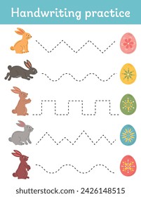 Writing training Easter themed printable worksheet with dashed lines. Handwriting practice, tracing lines games and activity. Printable Easter worksheet for kids