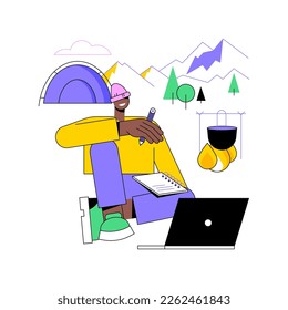 Writing for travel blog isolated cartoon vector illustrations. Young travel blogger with laptop writing regular posts for his social nets, summer vacation report, travelling time vector cartoon.