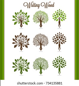 Writing Tree dgawing vector design in green and brown colors.